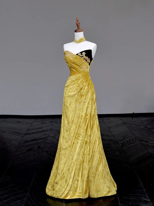 Girlhomeshops -Yellow floral long velvet prom dress evening dress party dress gh5117