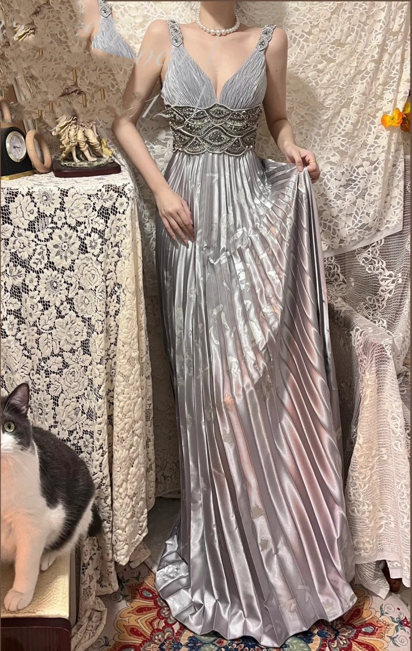 Robe de soirée longue en satin gris brillant, élégante, col en V, avec perles, gh4504
