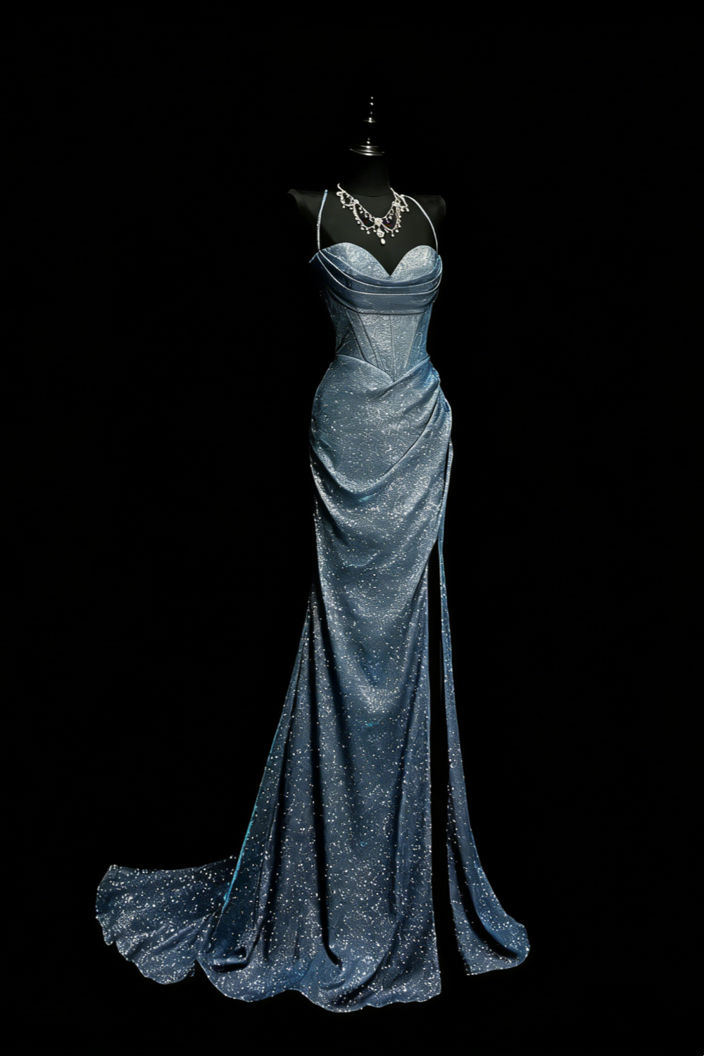 Robe sirène dos nu bleu scintillant style galaxie irisée - Robe de soirée et tapis rouge sur le thème des étoiles gh6570