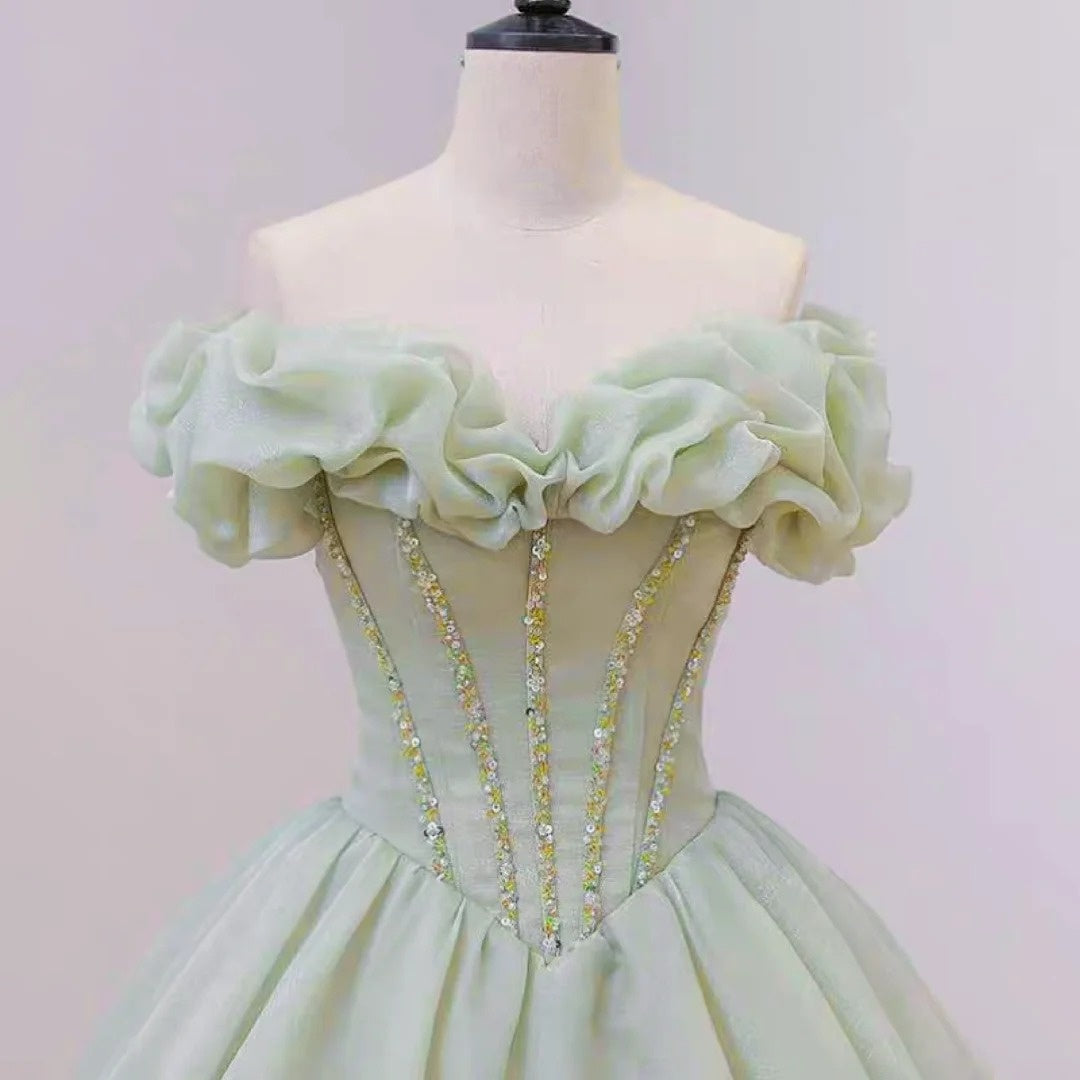 Robe de soirée longue en satin à perles et perles vertes, style féerique, gh4359