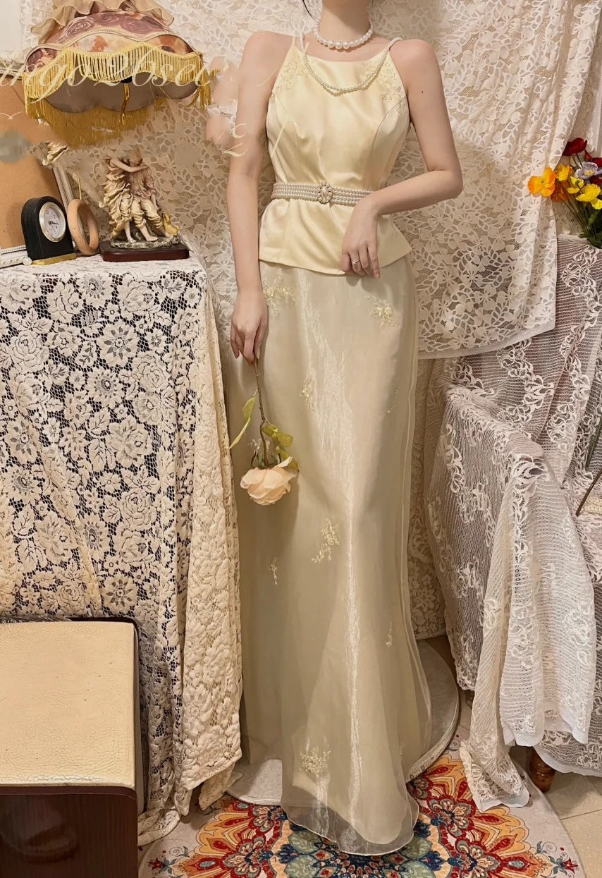 Gelbes florales langes Chiffon-Partykleid aus Chiffon, Abendkleid, Abschlusskleid, zweiteiliges Set gh4506