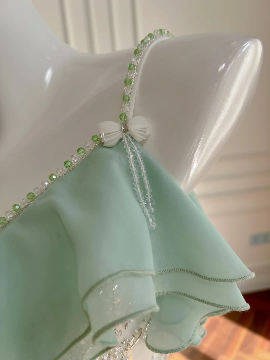Robe de soirée longue en mousseline de soie vert menthe, ornée de perles, pour anniversaire, gh4407