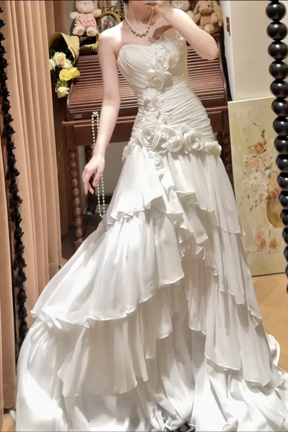 Girlhomeshops - Robe de soirée longue blanche en tulle à fleurs, décolleté en cœur, style princesse, robe de bal, de remise de diplôme, robe de mariée, gh5976