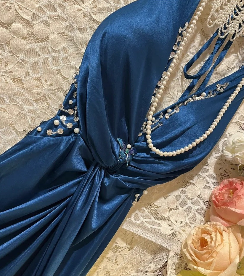 Robe de soirée longue en satin bleu à perles, élégante, gh4460