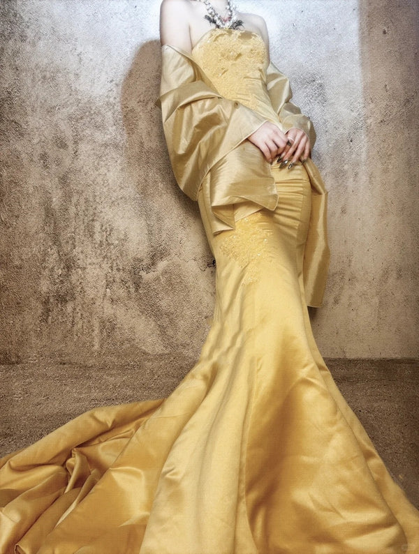Robe de soirée longue en satin jaune, magnifique et exquise, avec perles, gh4499
