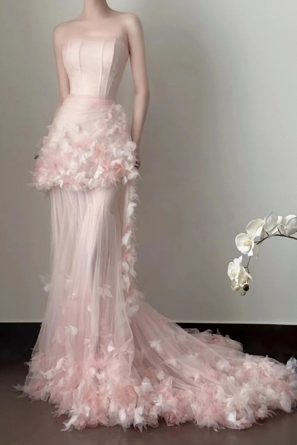 Pink Delicate Floral Long Chiffon Evening Gown Fairy Gown gh6759