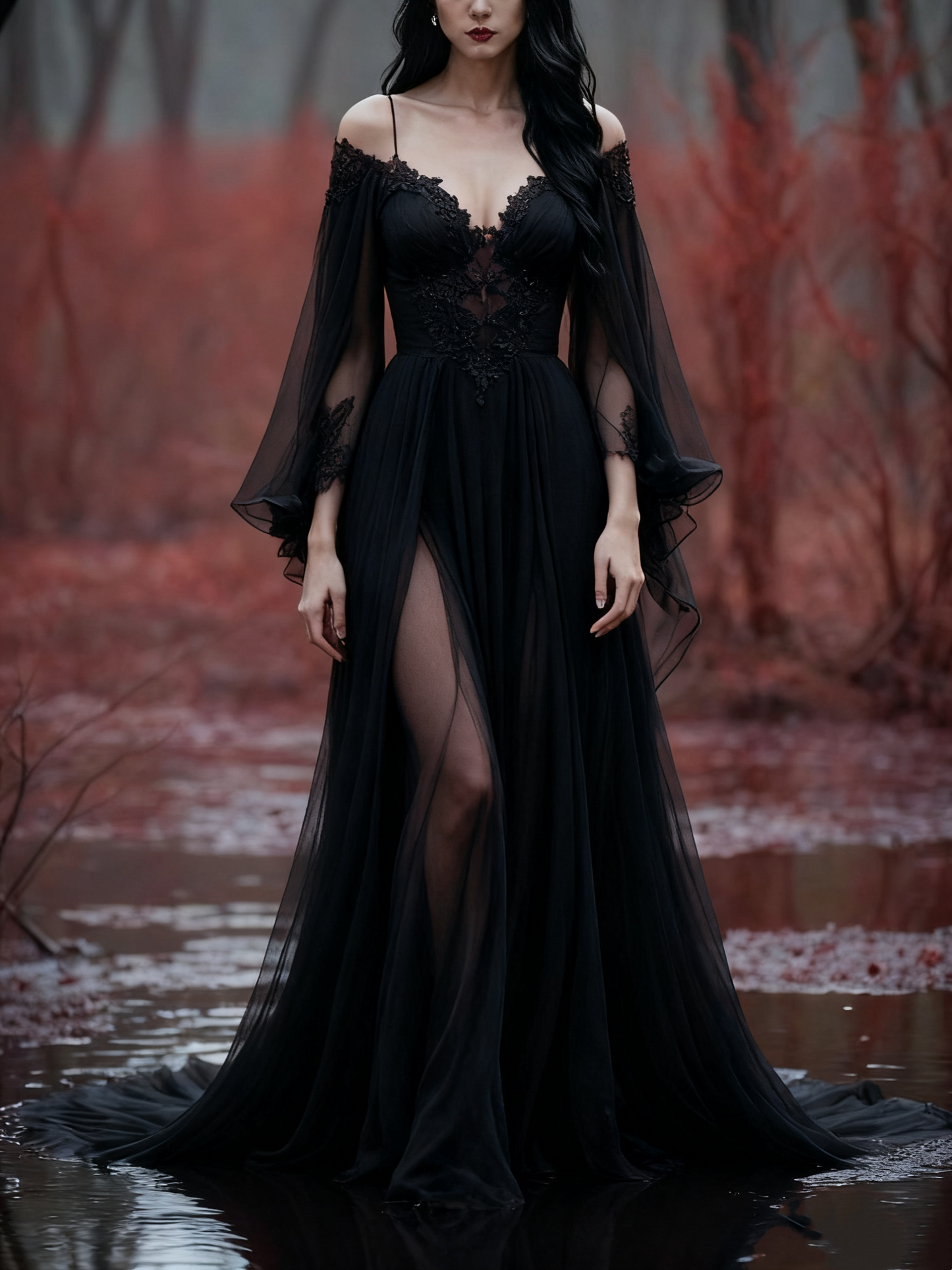 girlhomeshops-Langarm Tüll Bodenlang Schleppe Retro Elegant Ballkleid Abendkleid gh5943