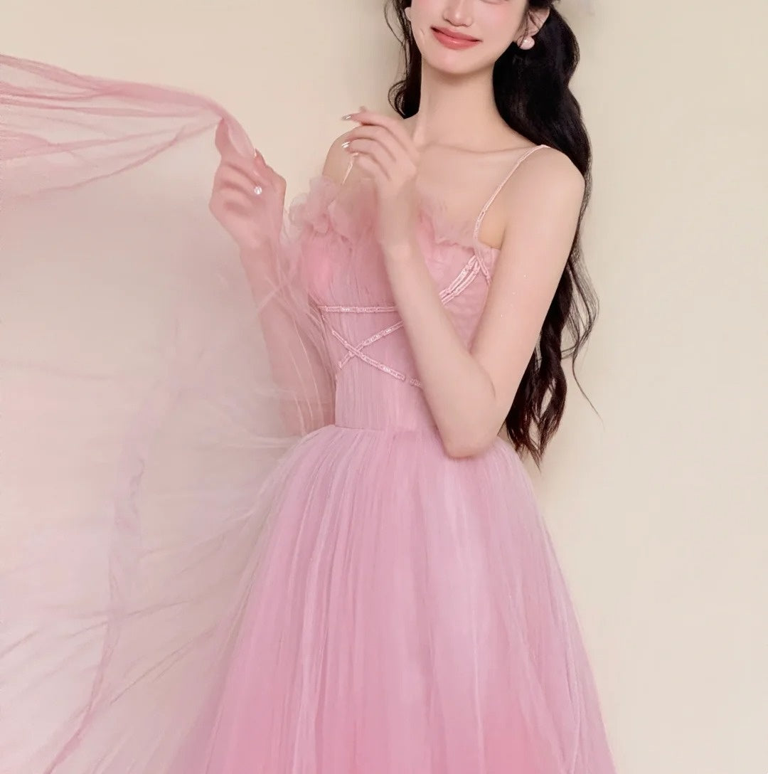 girlhomeshops-Blumenfeenkleid, rosa, glänzend, süß, exquisit, mit Perlen besetzt, lang, Tüll, Ballkleid, Abendkleid, Abschlusskleid, gh5980