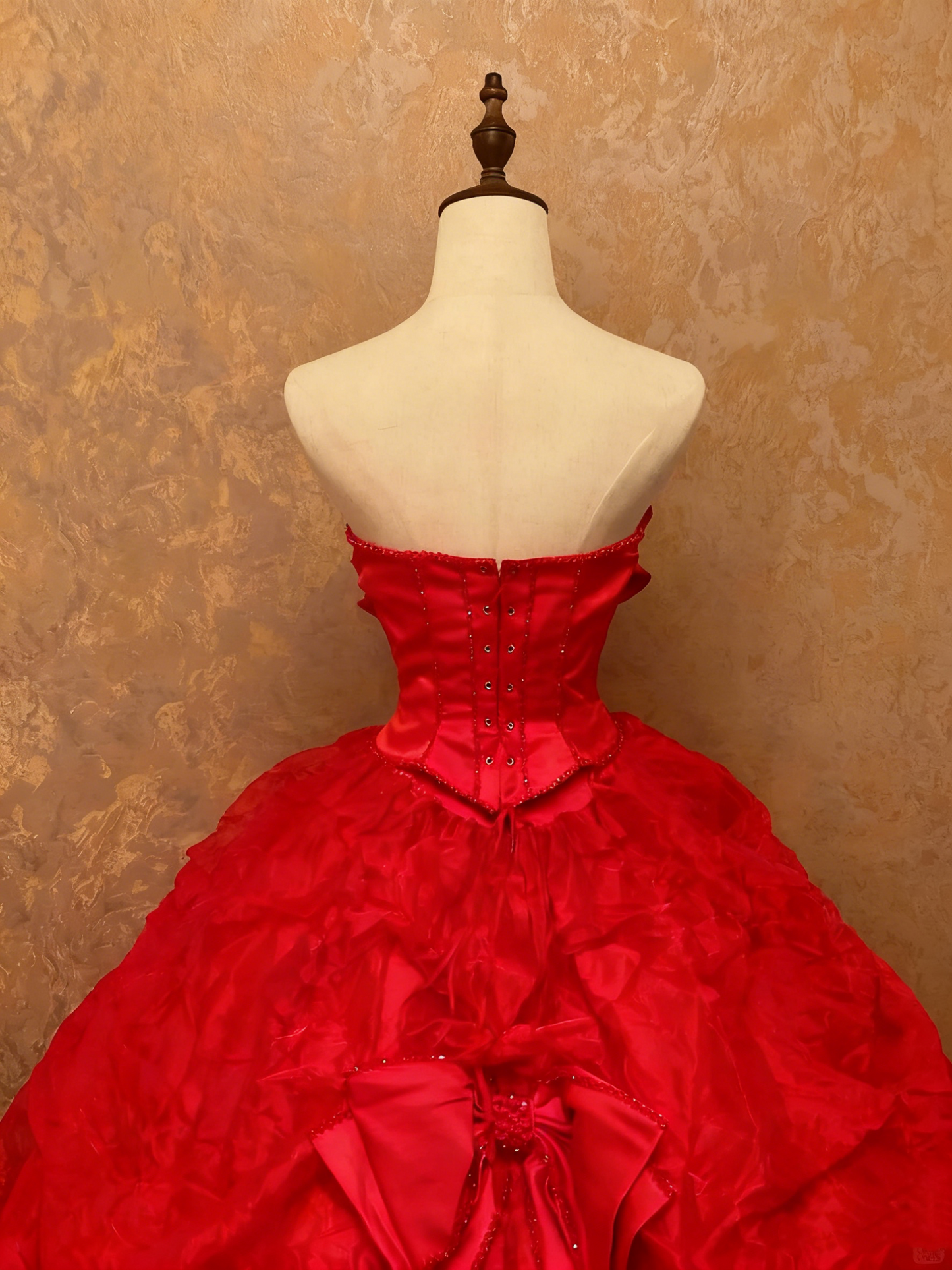 girlhomeshops-Crimson Satin Strapless Bow Rhinestone-Embellished Floor-Length Court-Style Gown gh6371