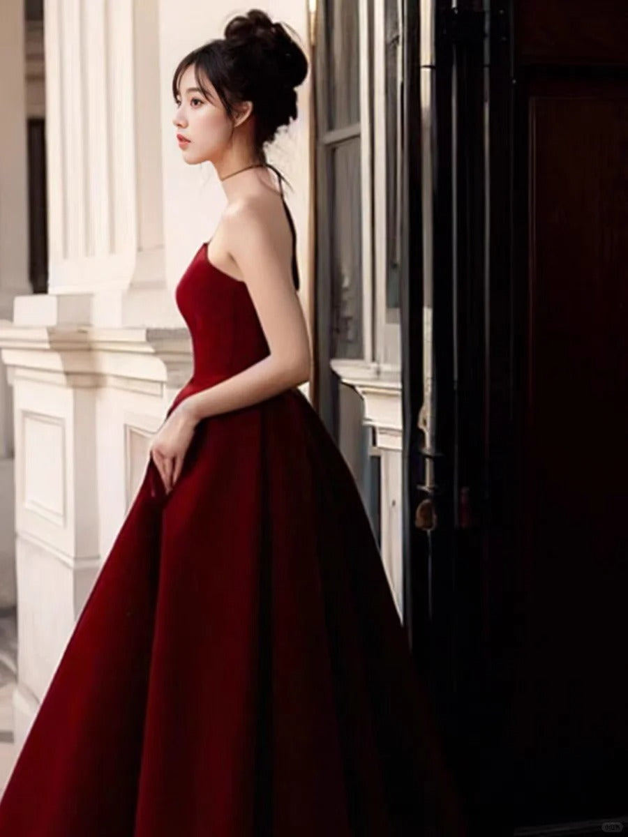 Robe de soirée longue en satin rouge, élégante et charmante, simple et élégante, longueur au sol, gh3725