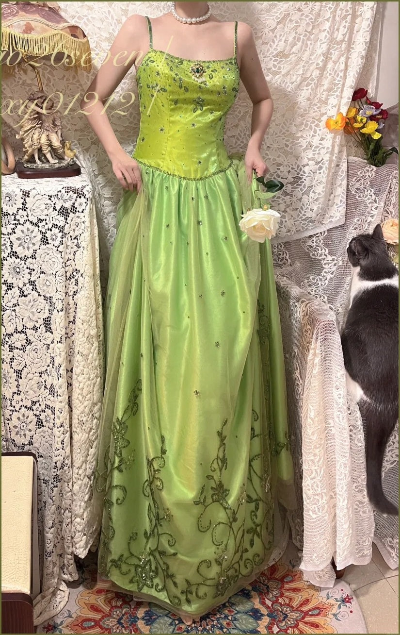 Green exquisite beaded vintage fashion floral long satin tulle ball gown evening dress gh4433
