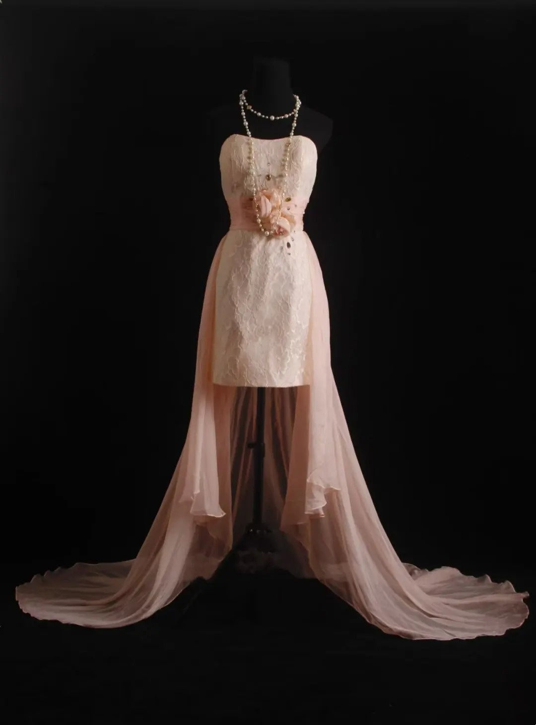 girlhomeshops-Light Pink Lace and Chiffon Sleeveless High-Low Train Evening Gown gh6306