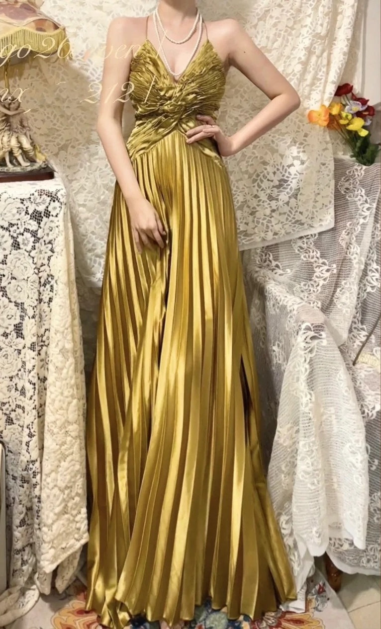 Robe de bal longue en satin ornée de perles en métal doré, robe de soirée, robe de remise de diplôme gh4507
