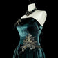 girlhomeshops-Teal Velvet Beaded Strapless Sleeveless Floor-Length Gothic Gown gh6318