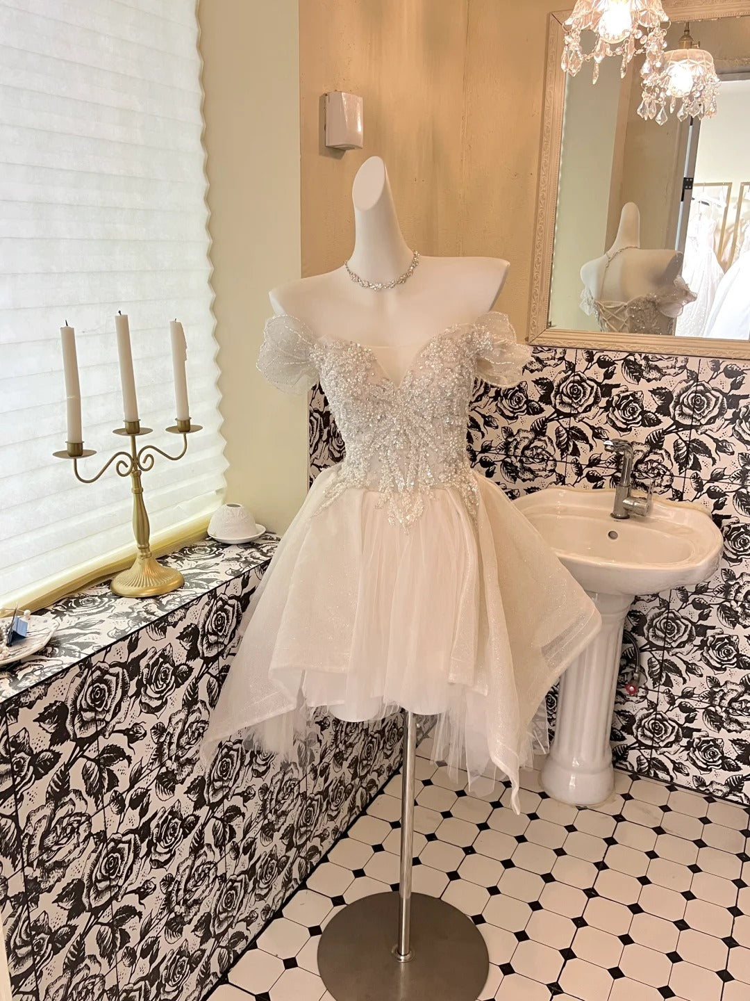 White Sparkly Beaded Short Tulle Cute Sweet Homecoming Dress Birthday Party Dress Wedding Dress gh4263