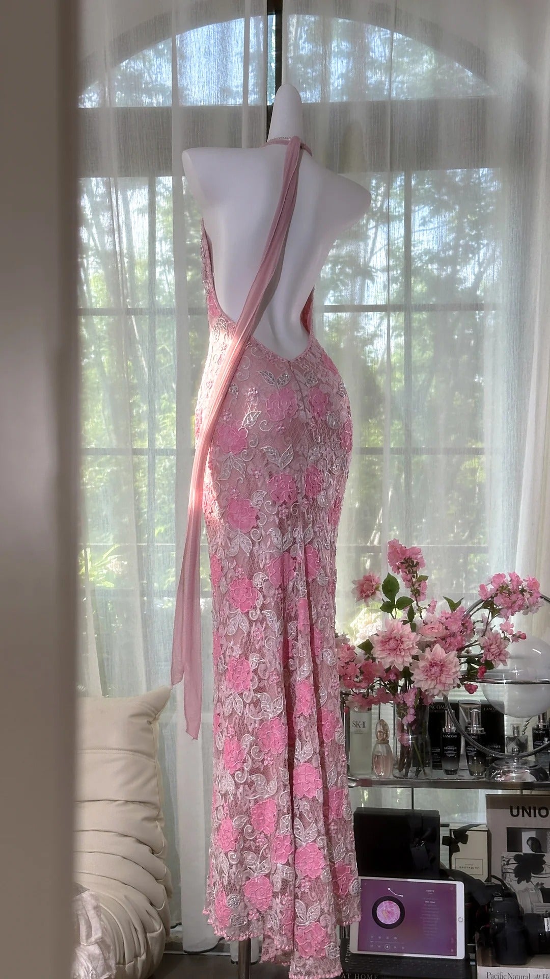 Pink floral vintage beaded lace long prom dress evening dress party dress gh4819