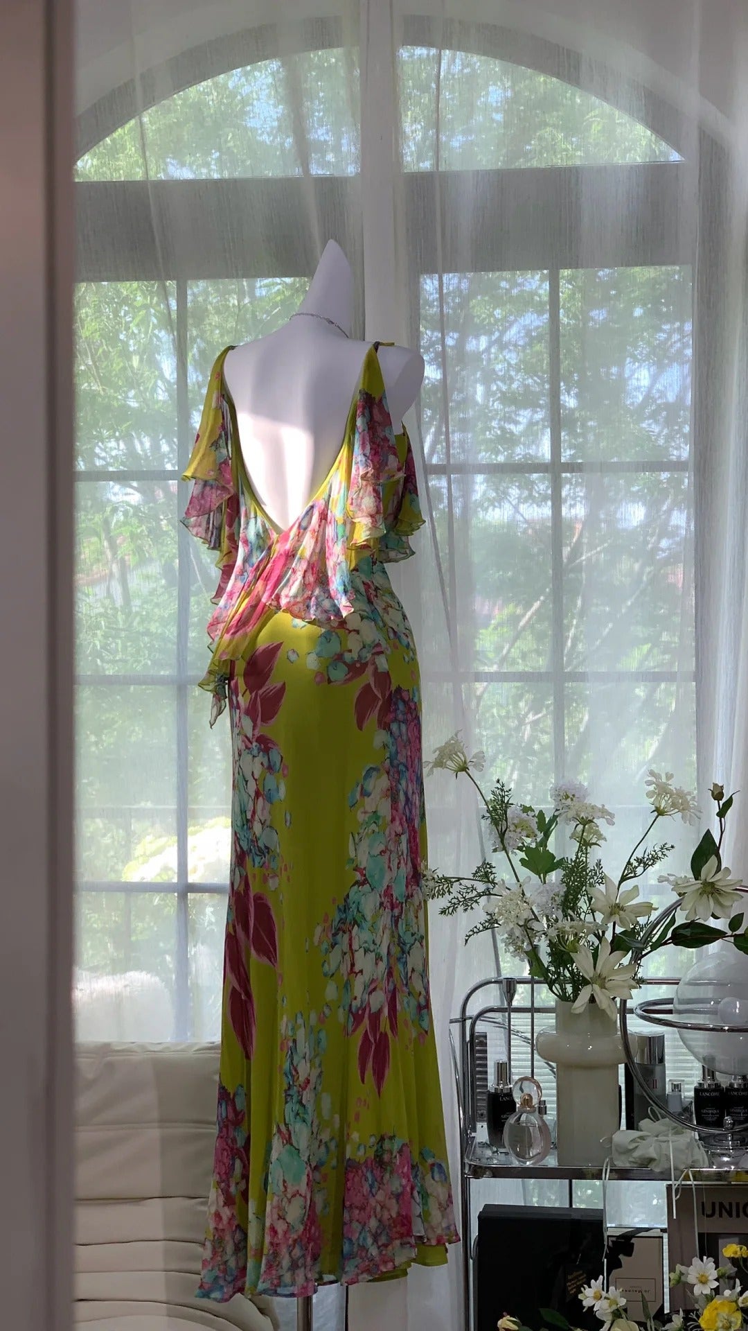 Robe de soirée longue en mousseline de soie, élégante et romantique, dos nu, verte, pour anniversaire ou fête, gh4044