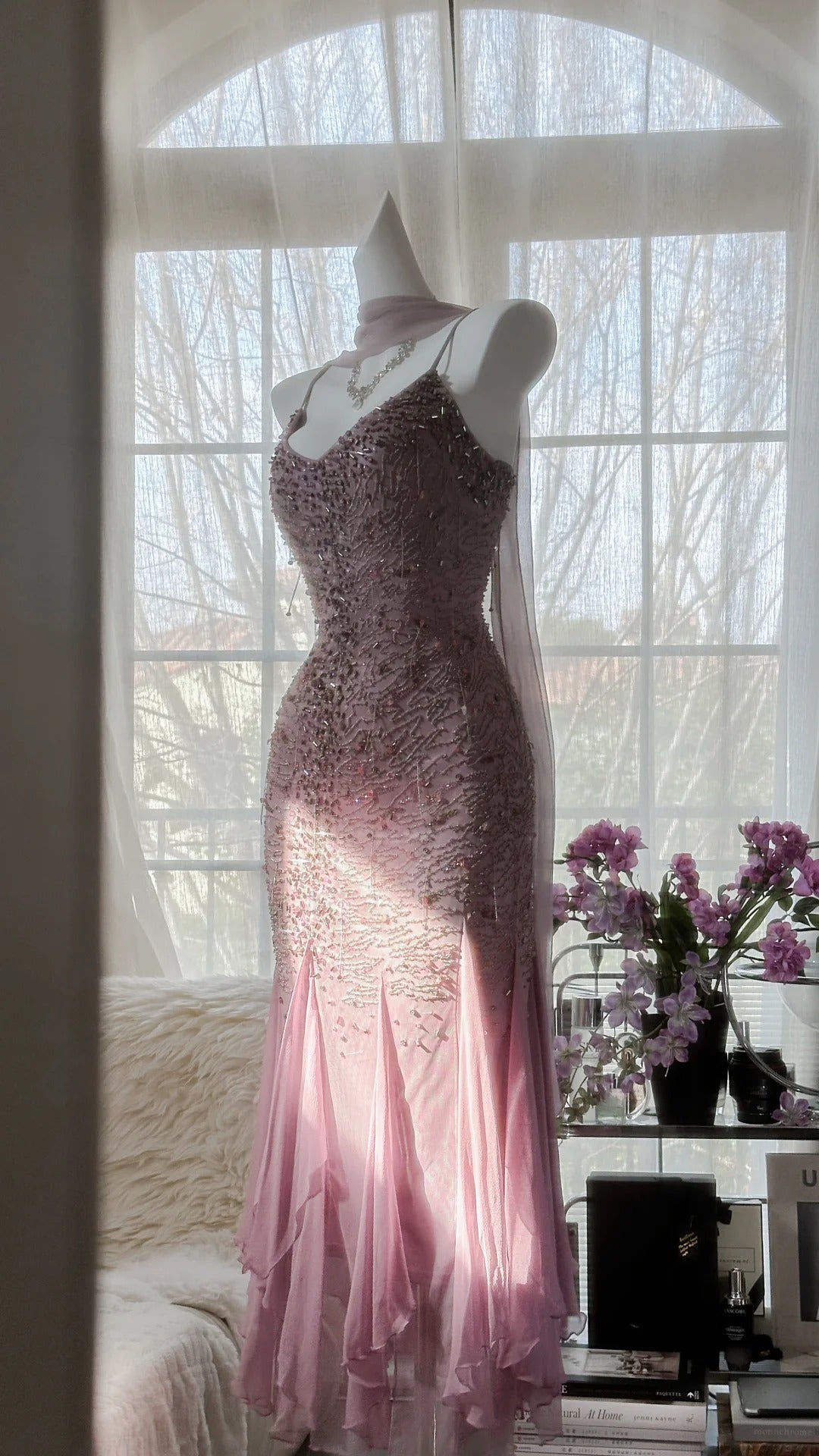 Rosa Lila Elegant Romantisch Exquisite Perlen Langes Chiffon Ballkleid Abendkleid Geburtstags-/Hochzeitsgast-/Urlaubspartykleid Ballkleid gh4021