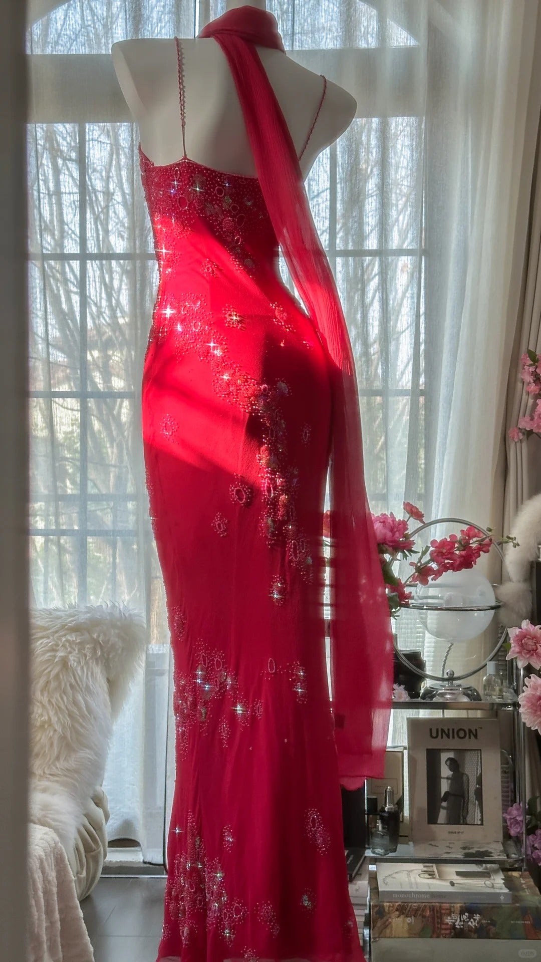 Red Romantic Gorgeous Fashion Elegant Exquisite Beaded Long Chiffon Ball Gown Evening Dress Birthday/Wedding Guest/Vacation Party Dress Prom Dress Valentine's Day Date Dress gh4027