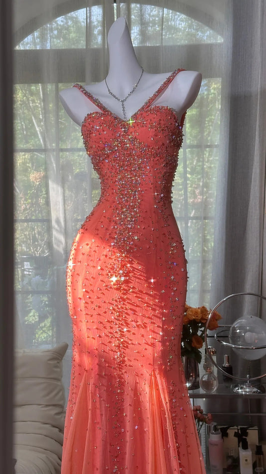girlhomeshops-New Orange luxurious gorgeous exquisite beaded long vintage chiffon prom dress gh5803