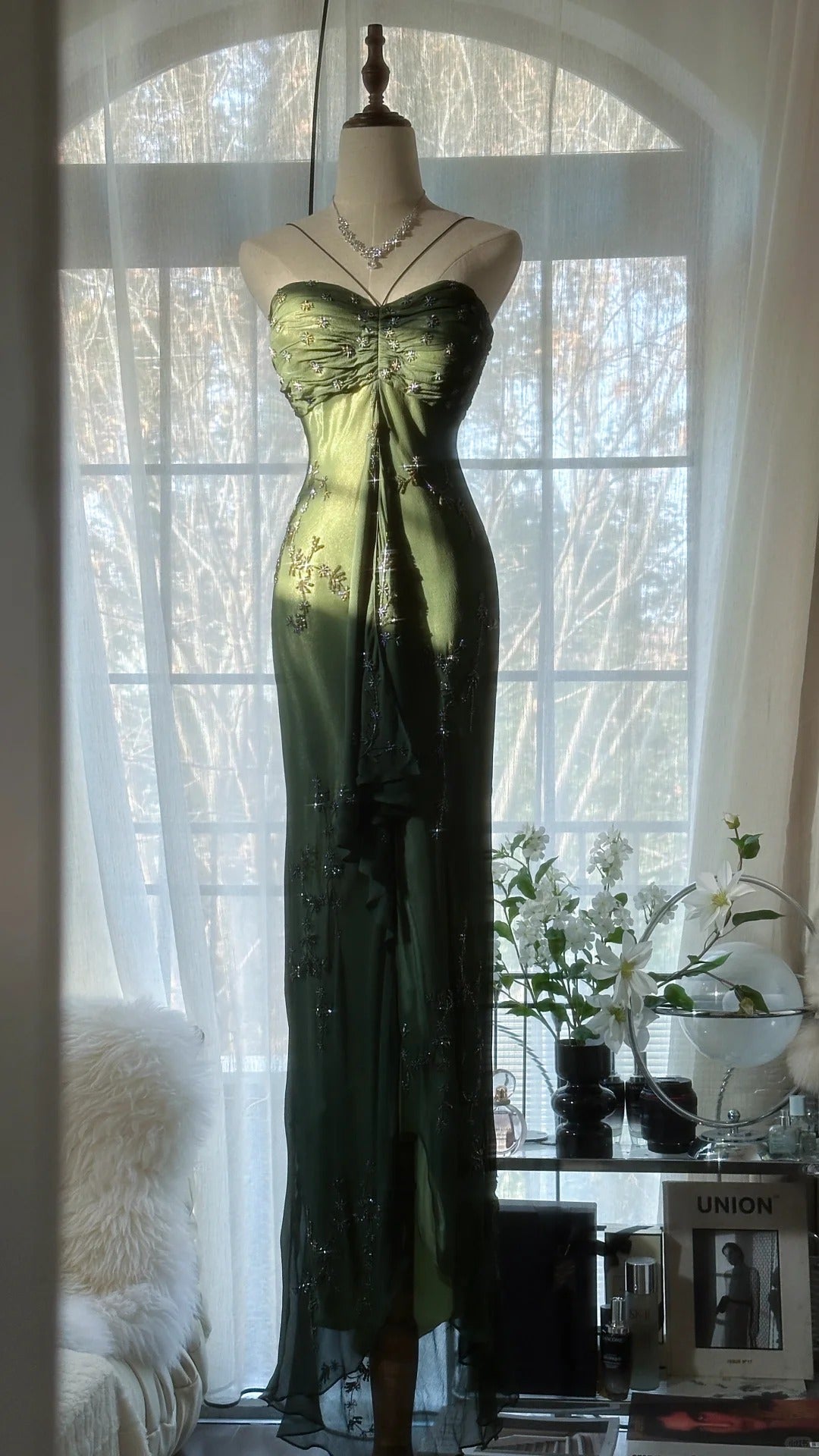 Robe de soirée longue en mousseline de soie, élégante et verte, avec perles, sans bretelles, pour anniversaire ou fête, gh4066