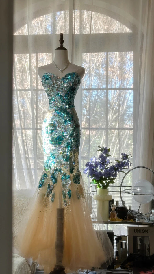 Blue Gorgeous Shiny Exquisite Beaded Long Chiffon Tulle Sequin Ball Gown Evening Gown Party Gown Birthday Gown Date Gown gh4162