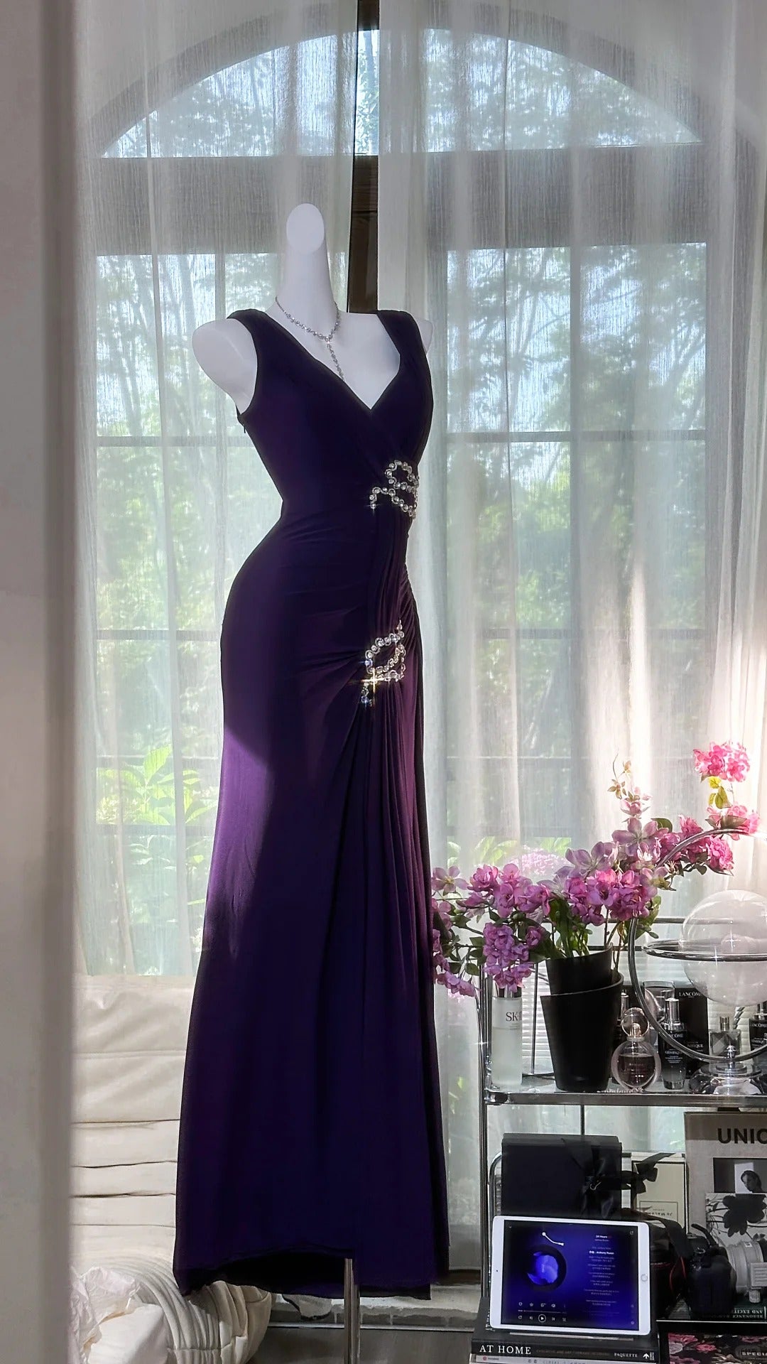 Purple Rhinestone Long Chiffon Ball Gown Evening Dress Party Dress Date Dress Prom Dress gh4677