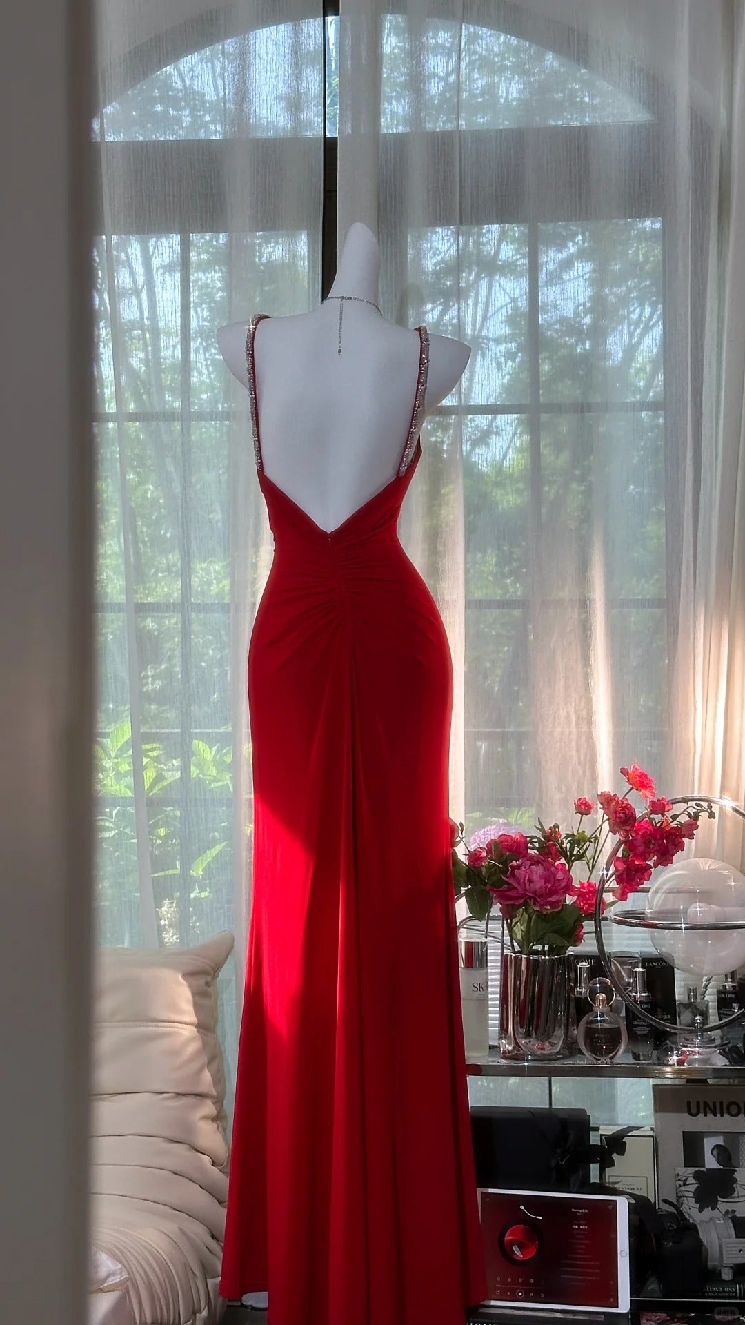 Red rhinestone long satin ball gown evening dress party dress date dress prom dress gh4679