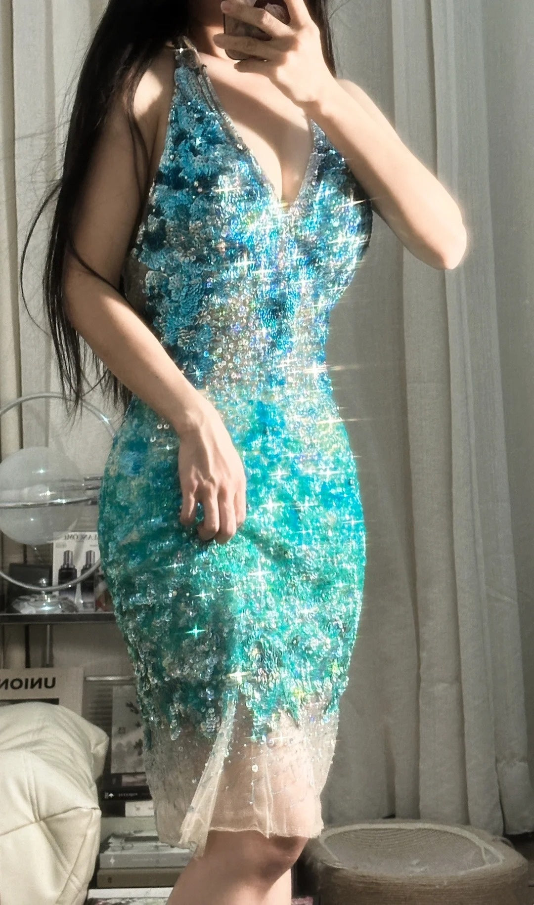 girlhomeshops-Teal-Green Gradient Sequin Halter-Neck Deep V Short Fashion Party Gown gh6380