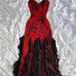 girlhomeshops-Fairy-Tale Dress, Red Ruffled Black Long Chiffon Dress With Delicate Floral Beading. gh6109