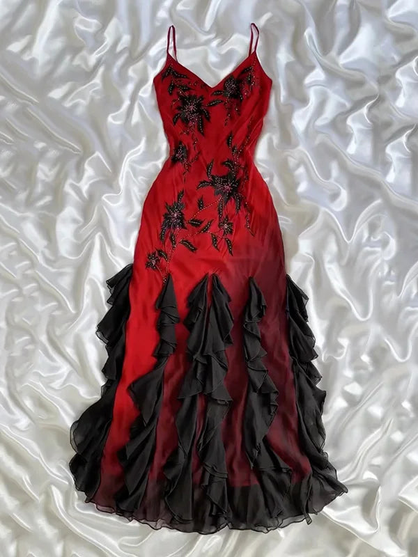 girlhomeshops-Fairy-Tale Dress, Red Ruffled Black Long Chiffon Dress With Delicate Floral Beading. gh6109