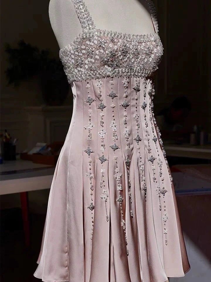 Girlhomeshops - Rosa, wunderschönes, exquisites, kurzes Satin-Heimkehrkleid mit Perlen, Geburtstagskleid gh5306