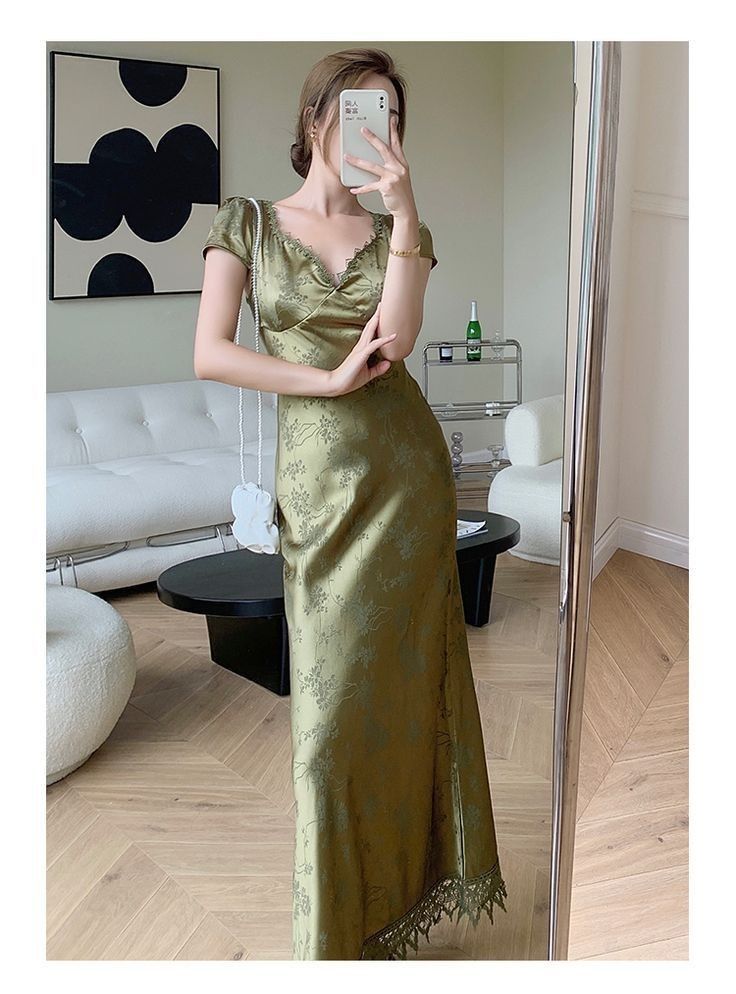 Girlhomeshops-Green open back elegant dress, French country style dress, wedding guest dress, prom dress, birthday dress, evening dress, party dress gh5157