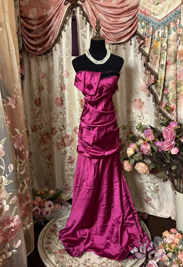 Pink Retro Fashion Elegant Long satin Ruffled Ball Gown Evening Dress gh3221