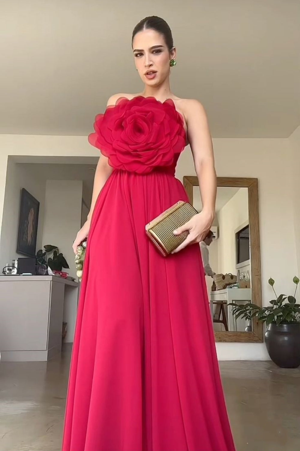 Red unique design three-dimensional rose long elegant ball gown evening dress wedding guest dress gh3119