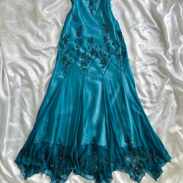 Blue fashion elegant delicate beading spaghetti straps long chiffon elegant ball gown evening dress party dress gh3493