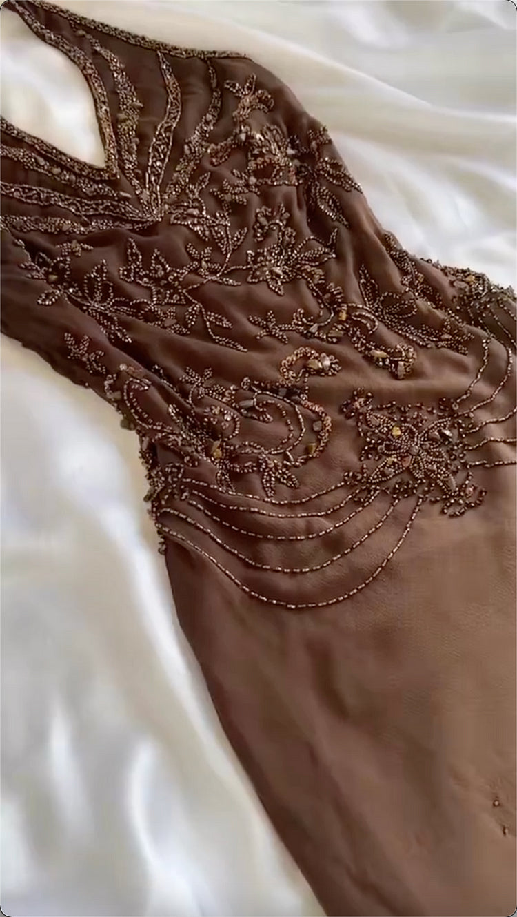 Robe de bal menthe chocolat, dégradé de marron et bleu, magnifique, légère, exquise, perles, bretelles spaghetti, longue, en mousseline de soie, robe de soirée gh3338
