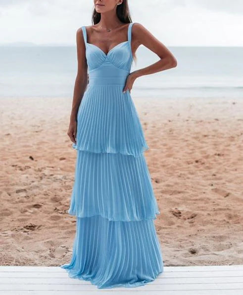 Blue simple fashion elegant V-neck layered chiffon charming long backless ball gown evening dress party dress gh3481