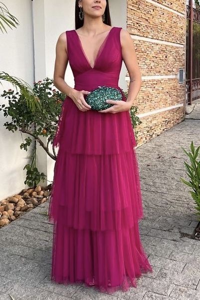 Purple Fashion Elegant V-neck Long Tulle Ball Gown Evening Dress Wedding Guest Party Dress gh3325