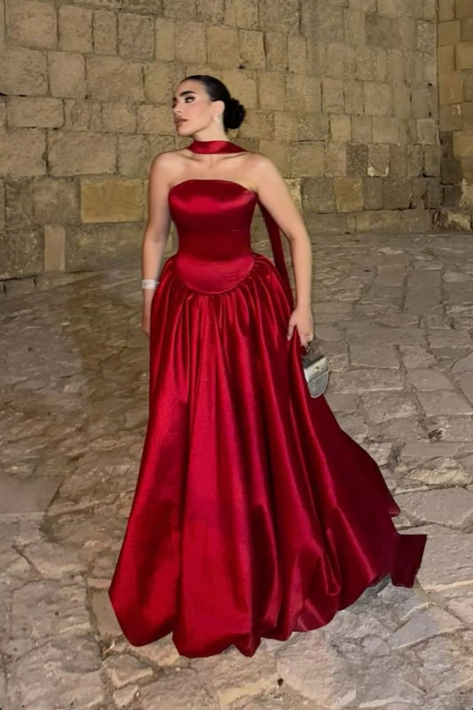 Halter Neck Burgundy Satin Ball Gown | Luxury Elegant Waist-Tied Train Maxi Dress for Gala Ball gh6474