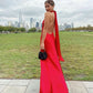 Red simple elegant ribbon backless long slit sexy satin ball gown evening dress wedding guest dress gh3054