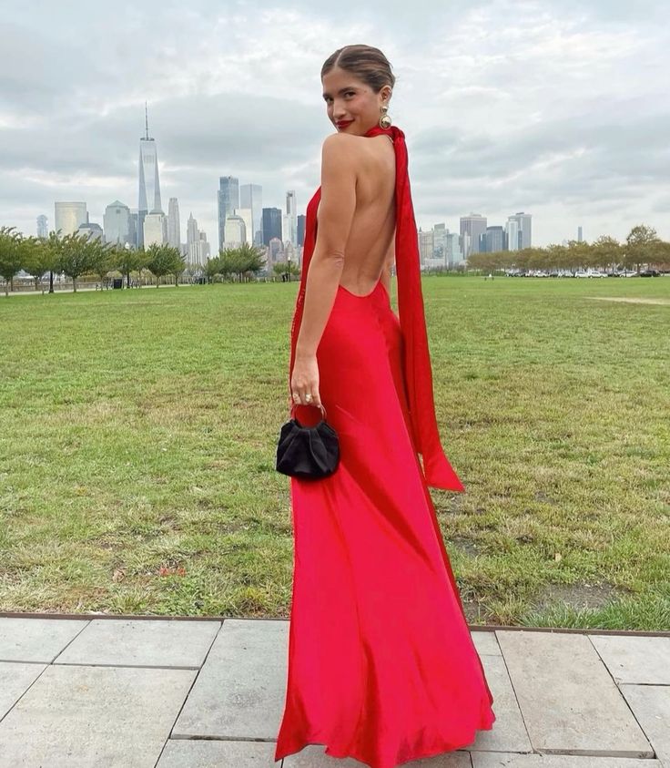 Red simple elegant ribbon backless long slit sexy satin ball gown evening dress wedding guest dress gh3054