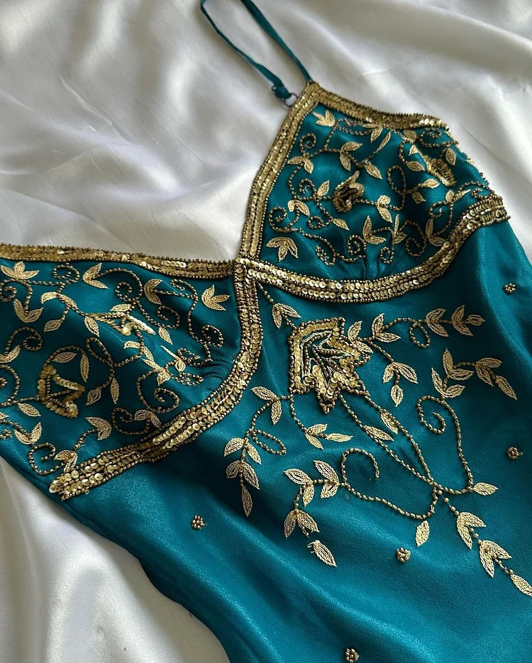 Peacock blue vintage fashion exquisite embroidery beaded spaghetti strap long chiffon ball gown evening dress party dress gh3406