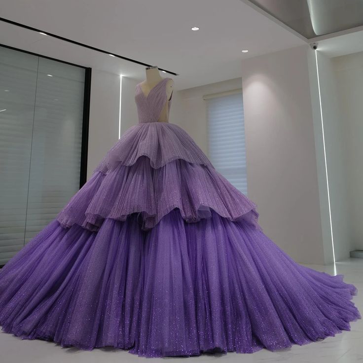 Purple Gorgeous Shiny Elegant A-line Long Tiered Ruffled Tulle Ball Gown Formal Dress Evening Dress Celebrity Dress gh3145