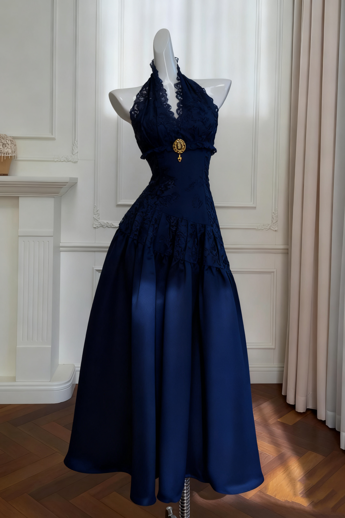 girlhomeshops-Vintage Lace Jacquard Halter Evening Dress, Long Sleeveless Elegant Party Gown gh5902