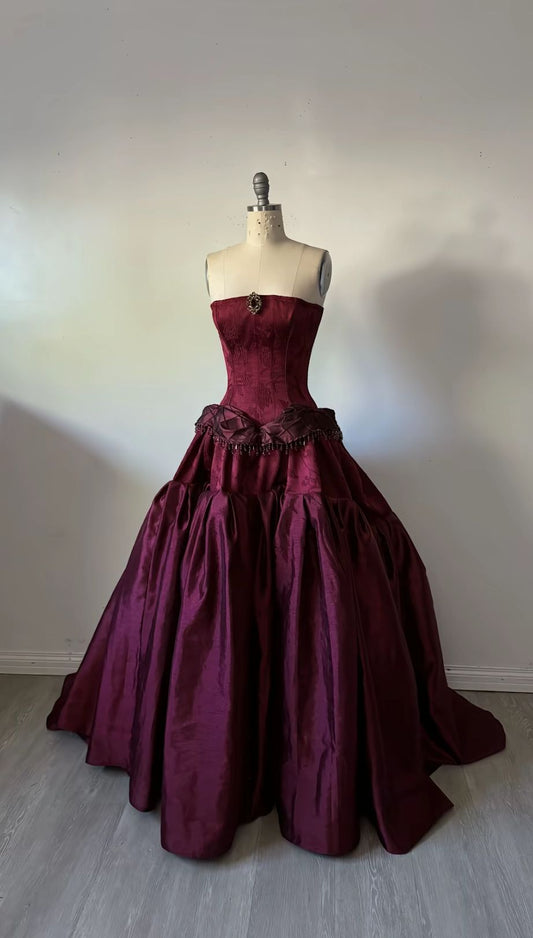 girlhomeshops-- Burgundy vintage long satin dress gh5727