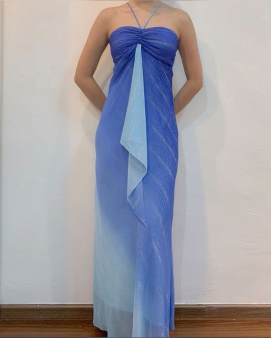 Girlhomeshops – Blaues, bodenlanges Ballkleid mit Hosenträgern und Farbverlauf, modisches, langes Chiffon-Abschlusskleid, gh5517