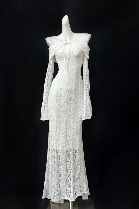 Girlhomeshops – Langes Ballkleid aus weißer Spitze mit einer Schulter im Mondlicht-Look, gh5476