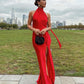 Red simple elegant ribbon backless long slit sexy satin ball gown evening dress wedding guest dress gh3054