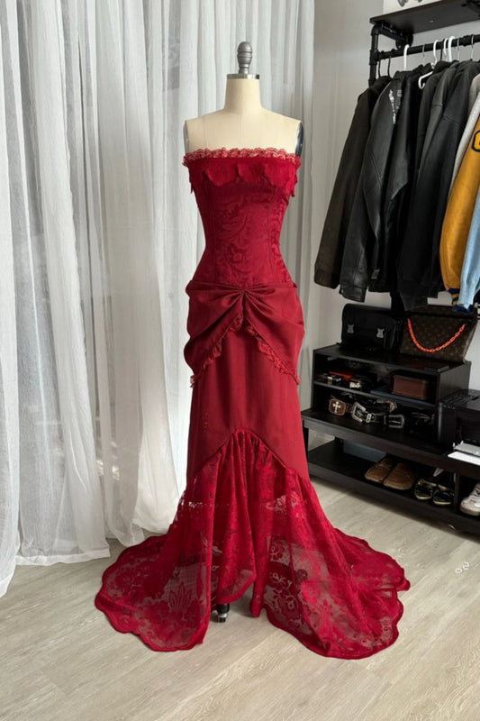 Girlhomeshops - Robe de bal longue rouge élégante en dentelle, style vintage, longueur au sol, gh5670